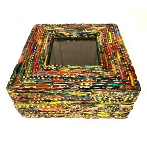 Vtg Trinket Box Photo Jewelry Box Decor Beaded Glass Boho Picture Insert 6.5 in